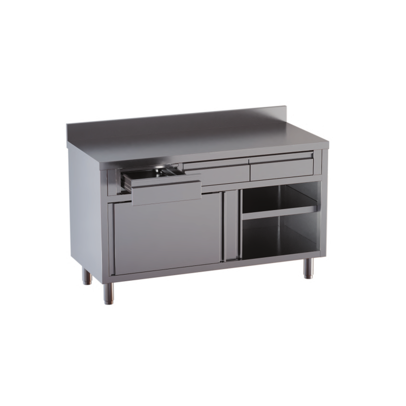 tavolo acciaio inox armadiato con porte scorrevoli,alzatina e 4 cassetti superiori misure cm. 180X60X85
