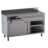 tavolo acciaio inox armadiato con porte scorrevoli,alzatina e 4 cassetti superiori misure cm. 180X60X85