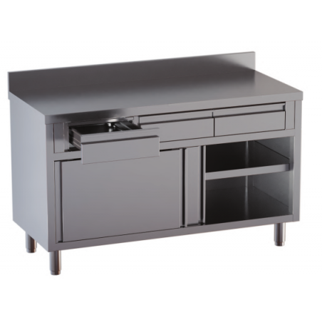 tavolo acciaio inox armadiato con porte scorrevoli,alzatina e 2 cassetti superiori misure cm. 100X70X85