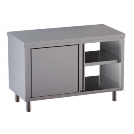 tavolo acciaio inox armadiato passante con porte scorrevoli su due lati 150X70X85