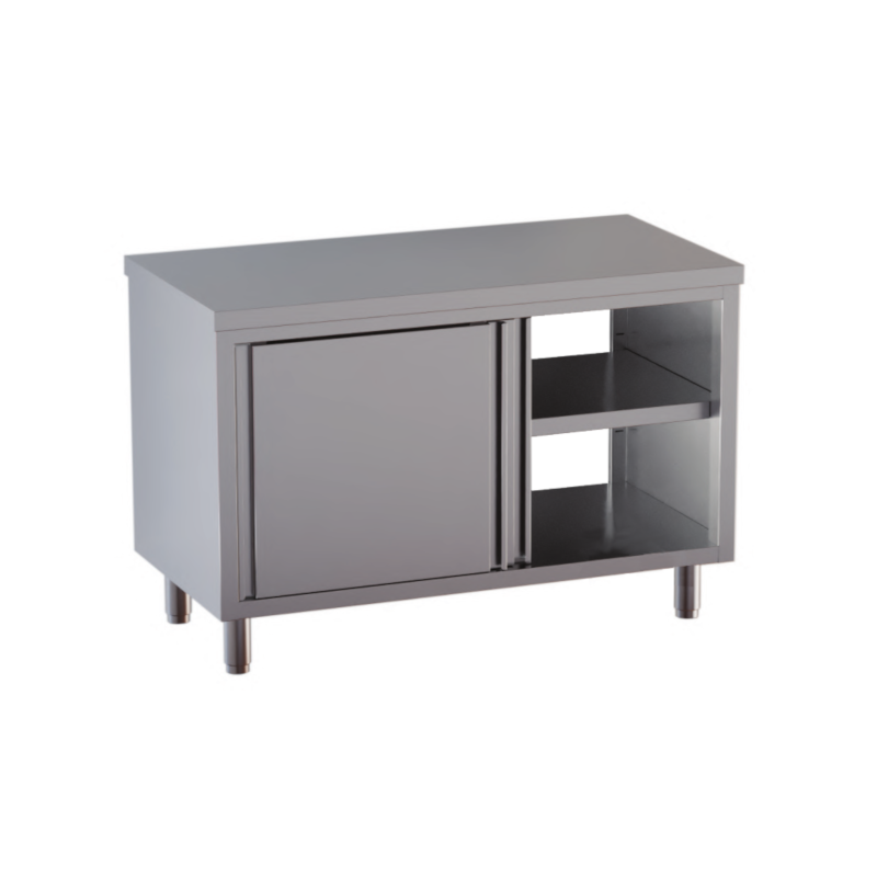 tavolo acciaio inox armadiato passante con porte scorrevoli su due lati 200X70X85