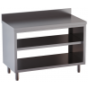 tavolo acciaio inox chiuso sui fianchi aperto davanti e dietro con piano intermedio e alzatina 90X60X85