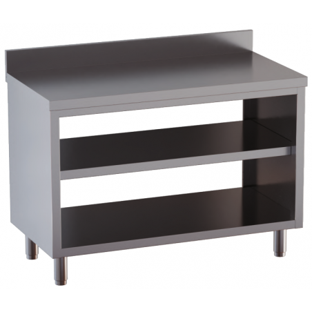 tavolo acciaio inox chiuso sui fianchi aperto davanti e dietro con piano intermedio e alzatina 190X60X85