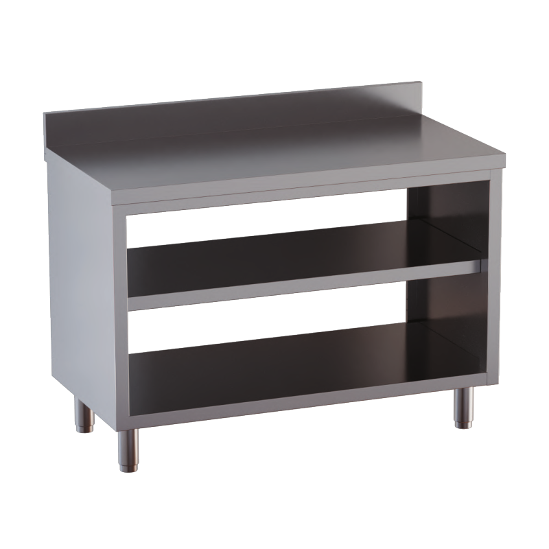 tavolo acciaio inox chiuso sui fianchi aperto davanti e dietro con piano intermedio e alzatina 110X70X85