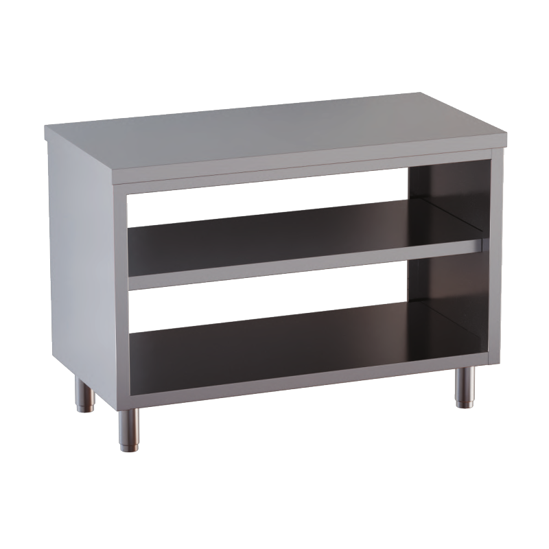 tavolo acciaio inox chiuso sui fianchi aperto davanti e dietro con piano intermedio 50X60X85