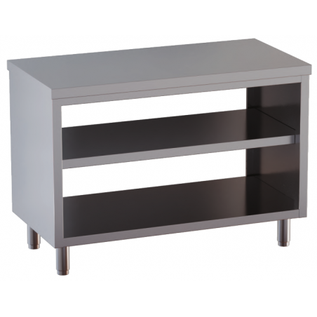 tavolo acciaio inox chiuso sui fianchi aperto davanti e dietro con piano intermedio 100X70X85