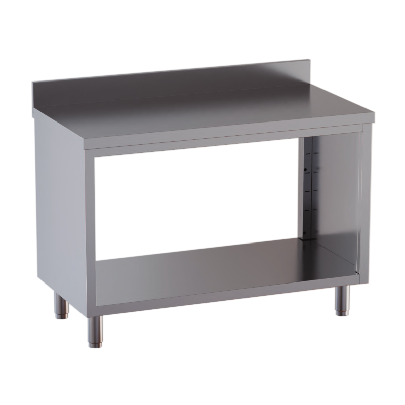 tavolo acciaio inox chiuso sui fianchi aperto davanti e dietro con alzatina 40X70X85