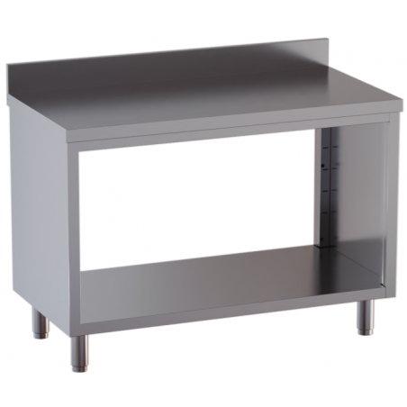 tavolo acciaio inox chiuso sui fianchi aperto davanti e dietro con alzatina 100X70X85