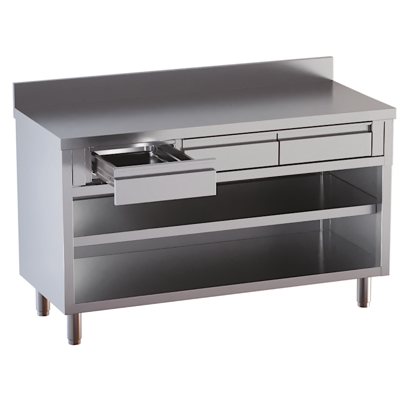 tavolo acciaio inox chiuso 3 lati aperto davanti con piano intermedio e cassetti superiori con alzatina 140X60X85 tavolo acciaio inox chiuso 3 lati aperto davanti con piano intermedio e cassetti superiori con alzatina 140X60X85