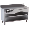 tavolo acciaio inox chiuso 3 lati aperto davanti con piano intermedio e cassetti superiori con alzatina 140X60X85