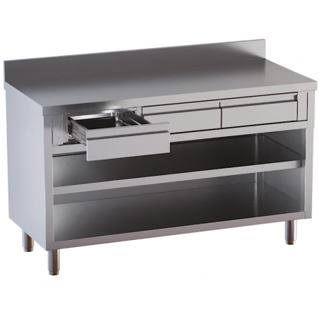 tavolo acciaio inox chiuso 3 lati aperto davanti con piano intermedio e cassetti superiori con alzatina 200X60X85