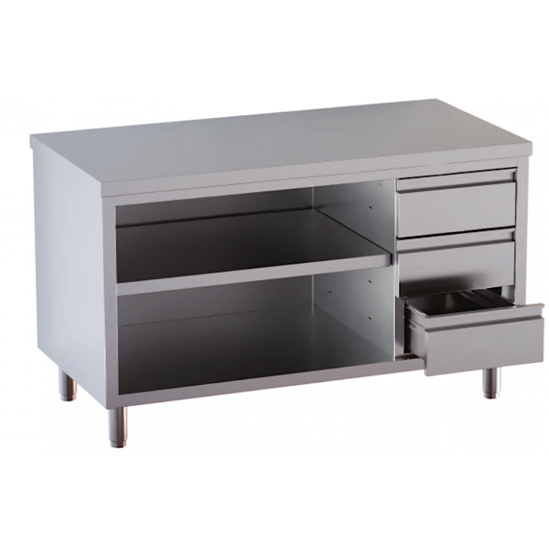 tavolo acciaio inox chiuso 3 lati aperto davanti con piano intermedio e 3 cassetti a destra 180X60X85 tavolo acciaio inox chiuso 3 lati aperto davanti con piano intermedio e 3 cassetti a destra 180X60X85