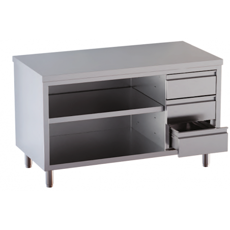 tavolo acciaio inox chiuso 3 lati aperto davanti con piano intermedio e 3 cassetti a destra 180X70X85