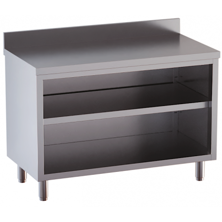 tavolo acciaio inox chiuso 3 lati aperto davanti con piano intermedio e alzatina 130X70X85