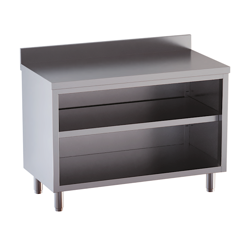 tavolo acciaio inox chiuso 3 lati aperto davanti con piano intermedio e alzatina 140X60X85