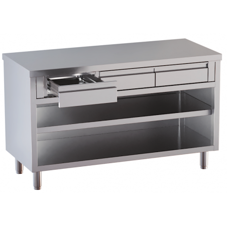 tavolo acciaio inox chiuso 3 lati aperto davanti con piano intermedio e cassetti superiori 100X70X85