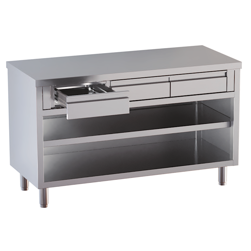tavolo acciaio inox chiuso 3 lati aperto davanti con piano intermedio e cassetti superiori 160X60X85