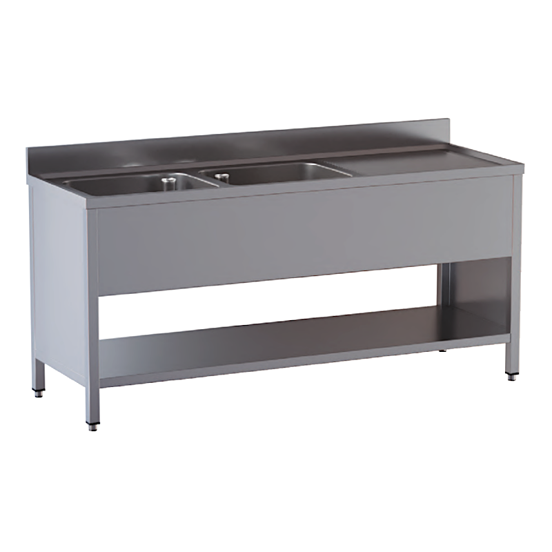 lavello acciaio inox aperto su fianchi e sottopiano 2 vasche gocciolatoio dx misure cm. 200X70X85 lavello acciaio inox aperto su fianchi e sottopiano 2 vasche gocciolatoio dx misure cm. 200X70X85