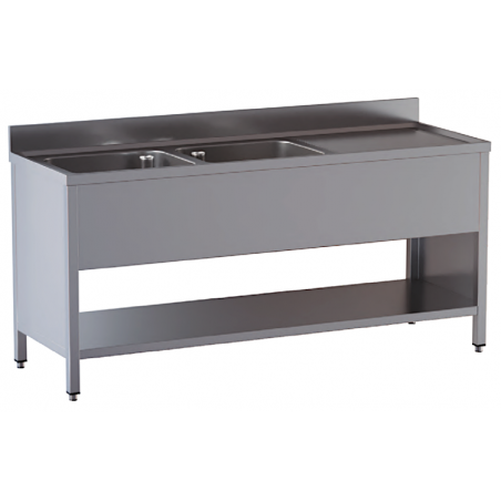 lavello acciaio inox aperto su fianchi e sottopiano 2 vasche gocciolatoio dx misure cm. 200X70X85