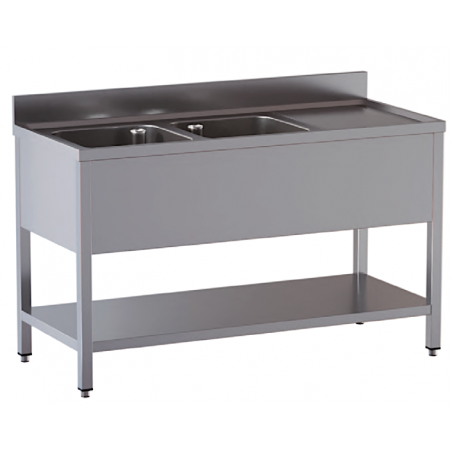 lavello acciaio inox aperto con sottopiano 2 vasche gocciolatoio dx misure cm. 180X70X85