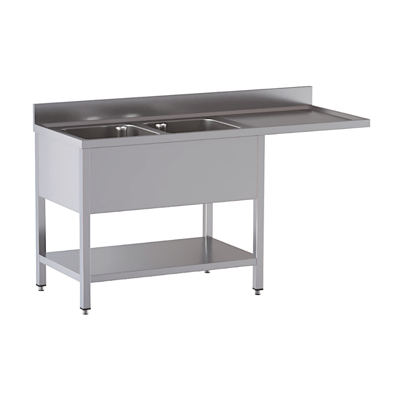 lavello acciaio inox aperto con sottopiano vano lavastoviglie 2 vasche gocciolatoio e spazio dx misure cm. 200X70X85