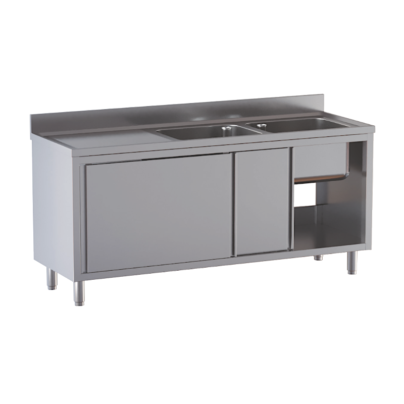 lavello acciaio inox armadiato 2 vasche gocciolatoio sx misure cm. 170x70x85