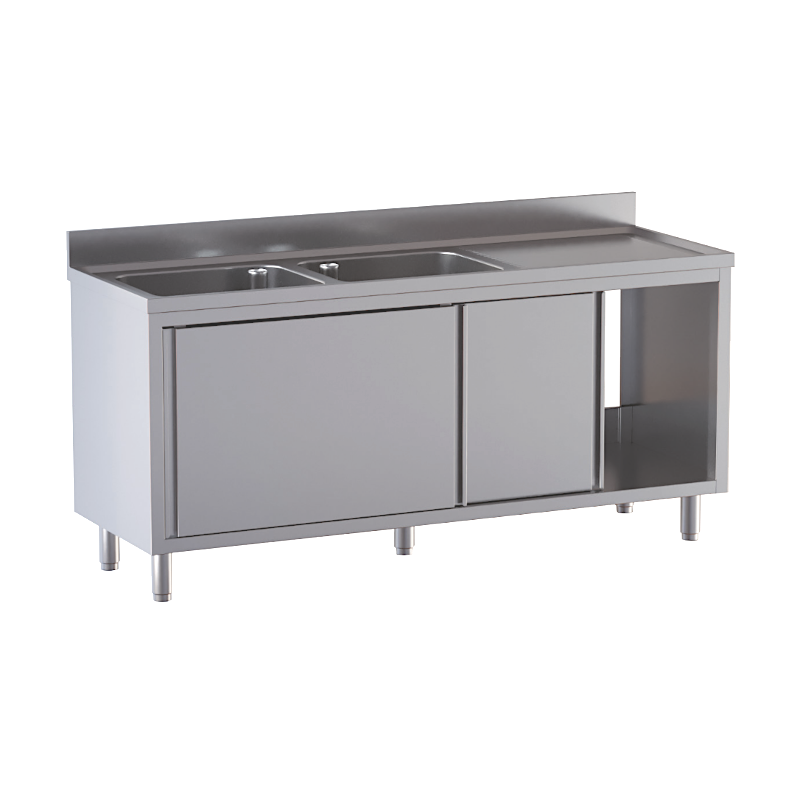 lavello acciaio inox armadiato 2 vasche gocciolatoio dx misure cm. 140x70x85