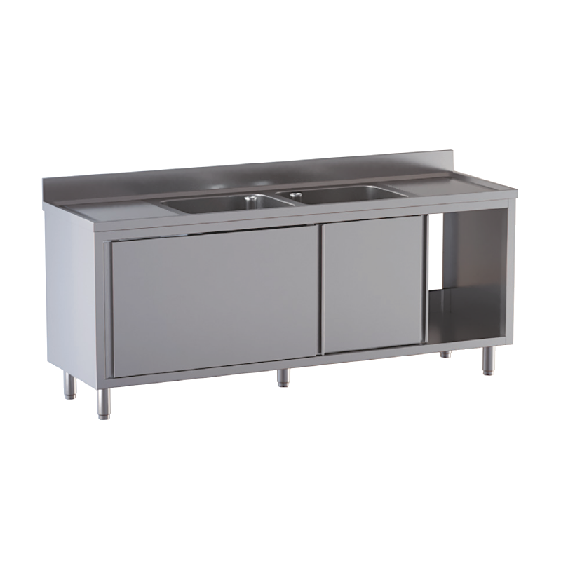 lavello acciaio inox armadiato 2 vasche 2 gocciolatoi misure cm. 220X60X85