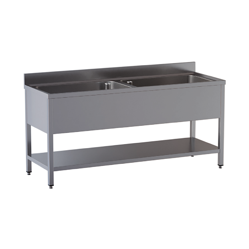 lavello acciaio inox aperto con sottopiano 2 vasche  misure cm. 200X70X85
