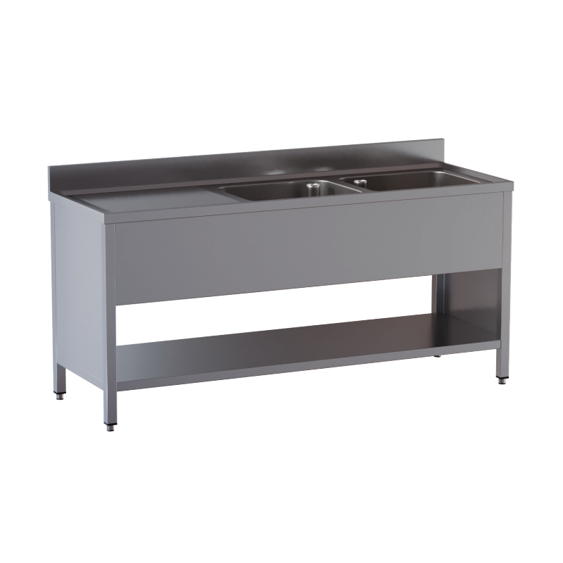 lavello acciaio inox aperto su fianchi e sottopiano 2 vasche gocciolatoio sx misure cm. 140x60x85