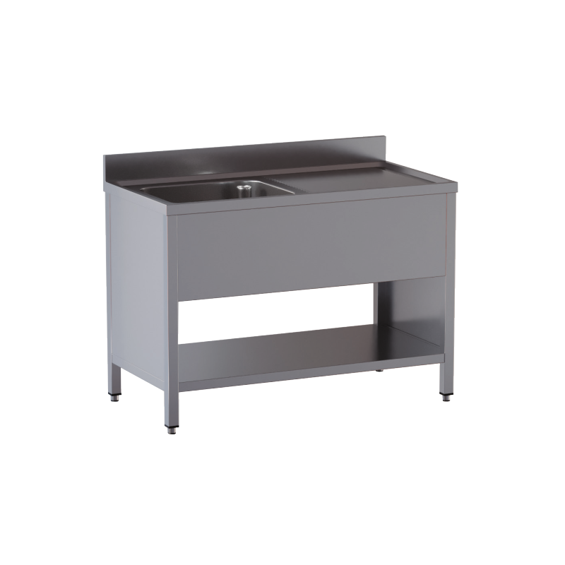 lavello acciaio inox aperto su fianchi e sottopiano 1 vasca gocciolatoio dx misure cm. 120x60x85