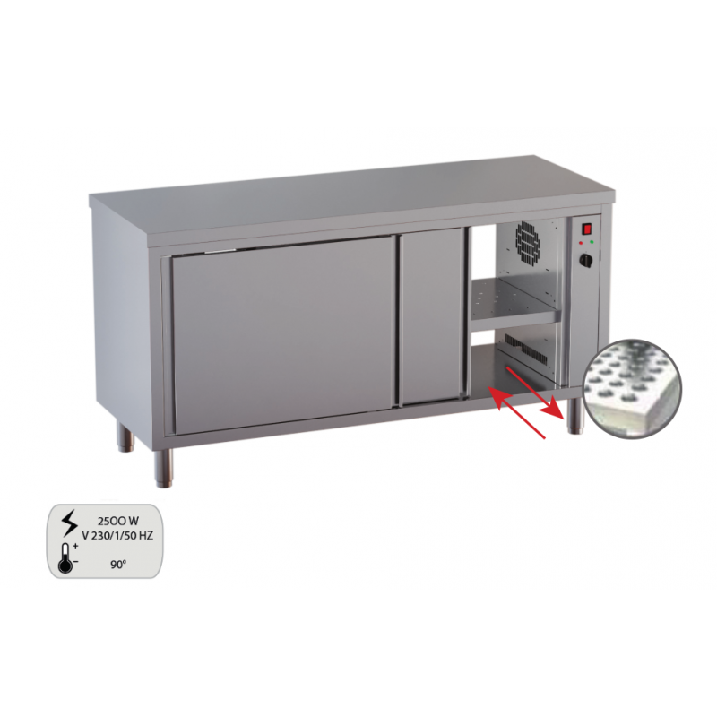 tavolo acciaio inox armadiato caldo passante con porte scorrevoli su due lati 2500w 90° 190 X 70 X 85