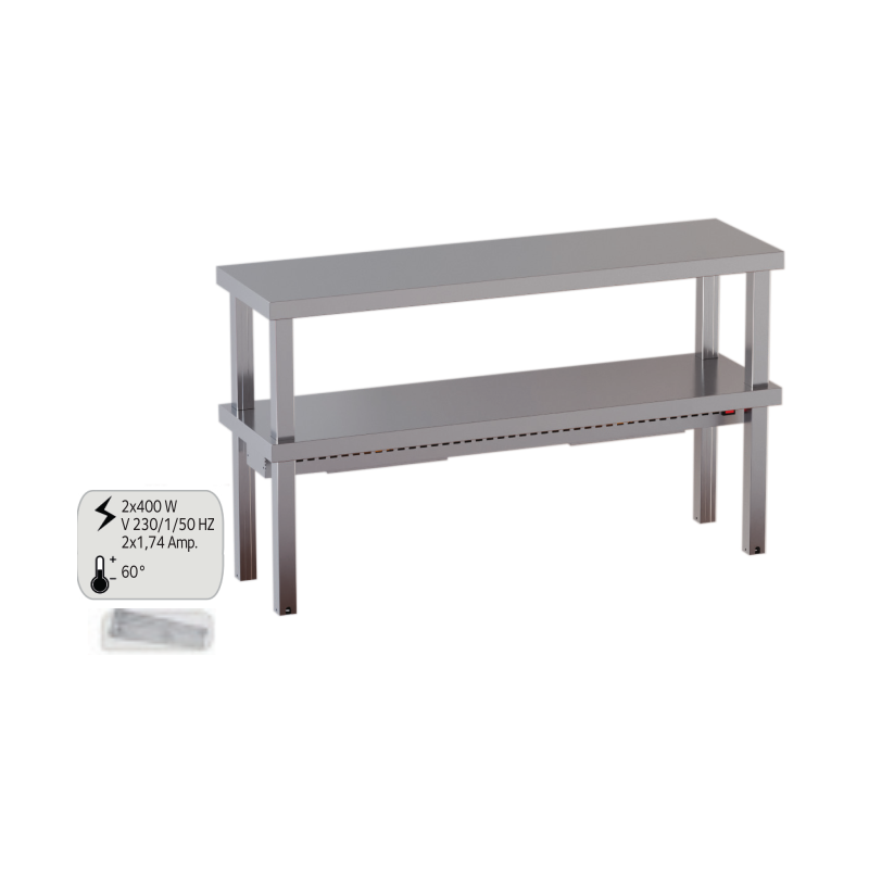 ripiano mensola in acciaio inox di appoggio doppio ripiano con riscaldamento per tavoli gambe quadre 40x40 mm h 70 200X35X70