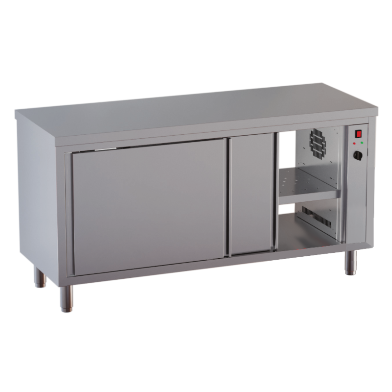 tavolo acciaio inox armadiato caldo passante con porte scorrevoli su due lati 2500w 90° 120 X 60 X 85