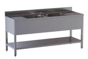 lavello acciaio inox aperto con sottopiano 2 vasche 2 gocciolatoi misure cm. 220X70X85