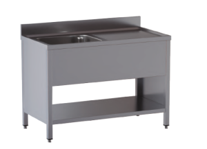 lavello acciaio inox aperto su fianchi e sottopiano 1 vasca gocciolatoio dx misure cm. 130x70x85