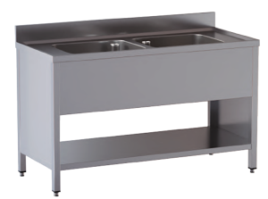 lavello acciaio inox aperto su fianchi e sottopiano 2 vasche misure cm. 120x70x85