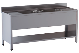 lavello acciaio inox aperto su fianchi e sottopiano 2 vasche 2 gocciolatoi misure cm. 180X60X85