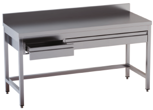 tavolo acciaio inox aperto con cornice inferiore con cassetti orizzontali e alzatina misure cm. 150X60X85