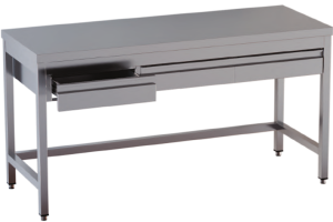 tavolo acciaio inox aperto con cornice inferiore e con cassetti orizzontali misure cm. 120x70x85