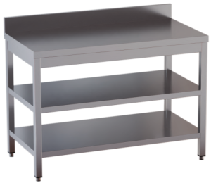 tavolo acciaio inox aperto con n. 2 ripiani e alzatina misure cm. 70x70x85