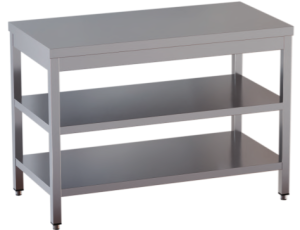 tavolo acciaio inox aperto con n.2 ripiani misure cm. 170x60x85