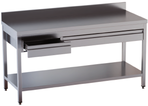 tavolo acciaio inox aperto con sottopiano cassetti orizzontali e alzatina misure cm. 120x60x85