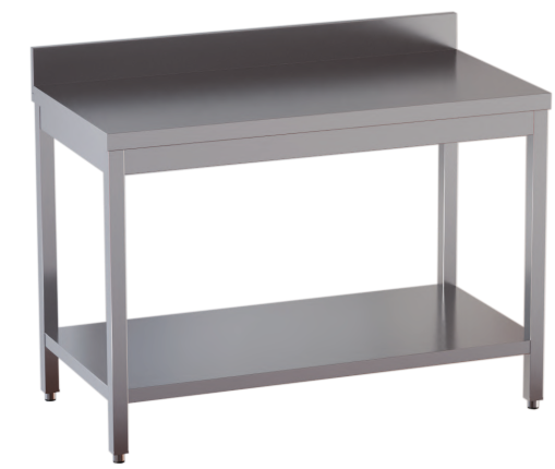 tavolo acciaio inox aperto con sottopiano e alzatina misure cm. 100x60x85