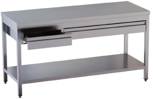 tavolo acciaio inox aperto con sottopiano e cassetti orizzontali misure cm. 140x70x85