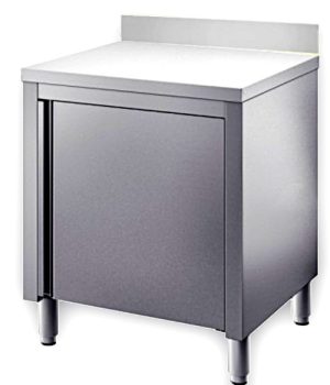 tavolo acciaio inox armadiato con porte battenti e alzatina misure cm. 60x60x85