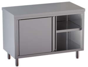 tavolo acciaio inox armadiato con porte scorrevoli misure cm. 200X70X85