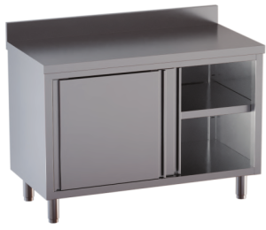 tavolo acciaio inox armadiato con porte scorrevoli e alzatina misure cm. 130x60x85