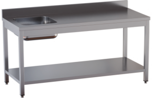 tavolo acciaio inox chef con alzatina, vasca sx e sottopiano misure cm. 100x60x85
