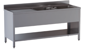 lavello acciaio inox aperto su fianchi e sottopiano 2 vasche gocciolatoio sx misure cm. 150X70X85